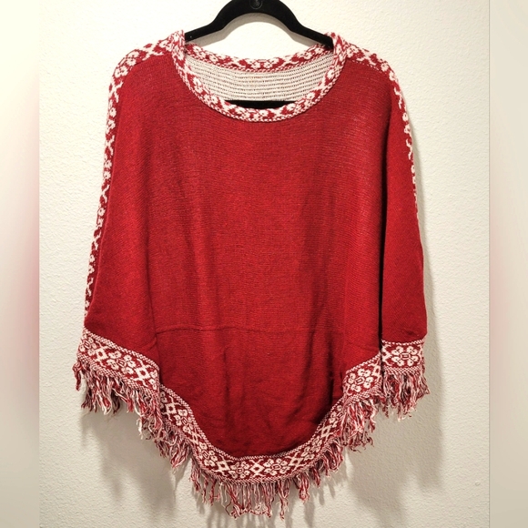 Unbranded Sweaters - Mexican Poncho, Mexican Overcoat, Western Wear Coastal Red Fringed Sweater M/L